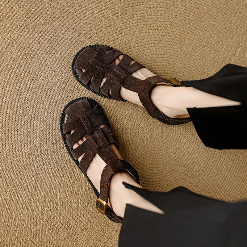 Retro Cowsuede Buckle Strap Closed Toe Sandals for Women