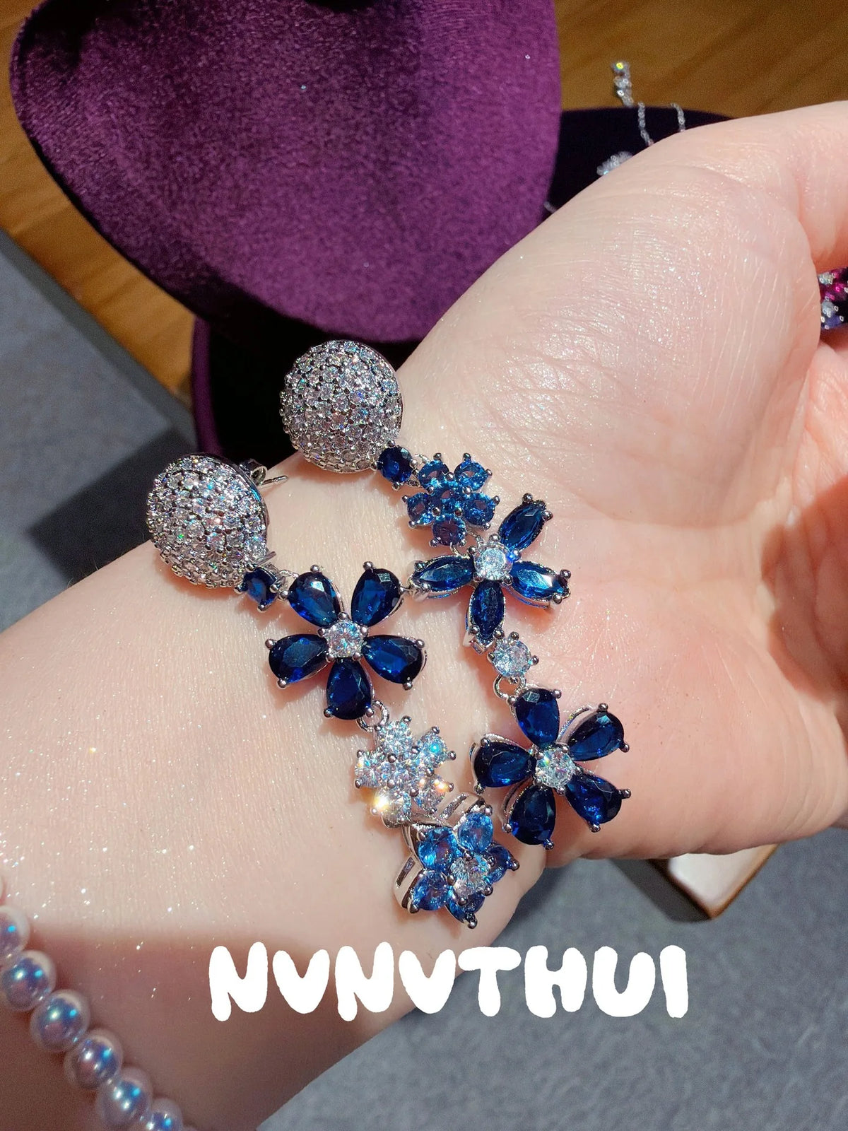 Vintage Blue Floral Zircon Necklace and Bracelet Set for Women