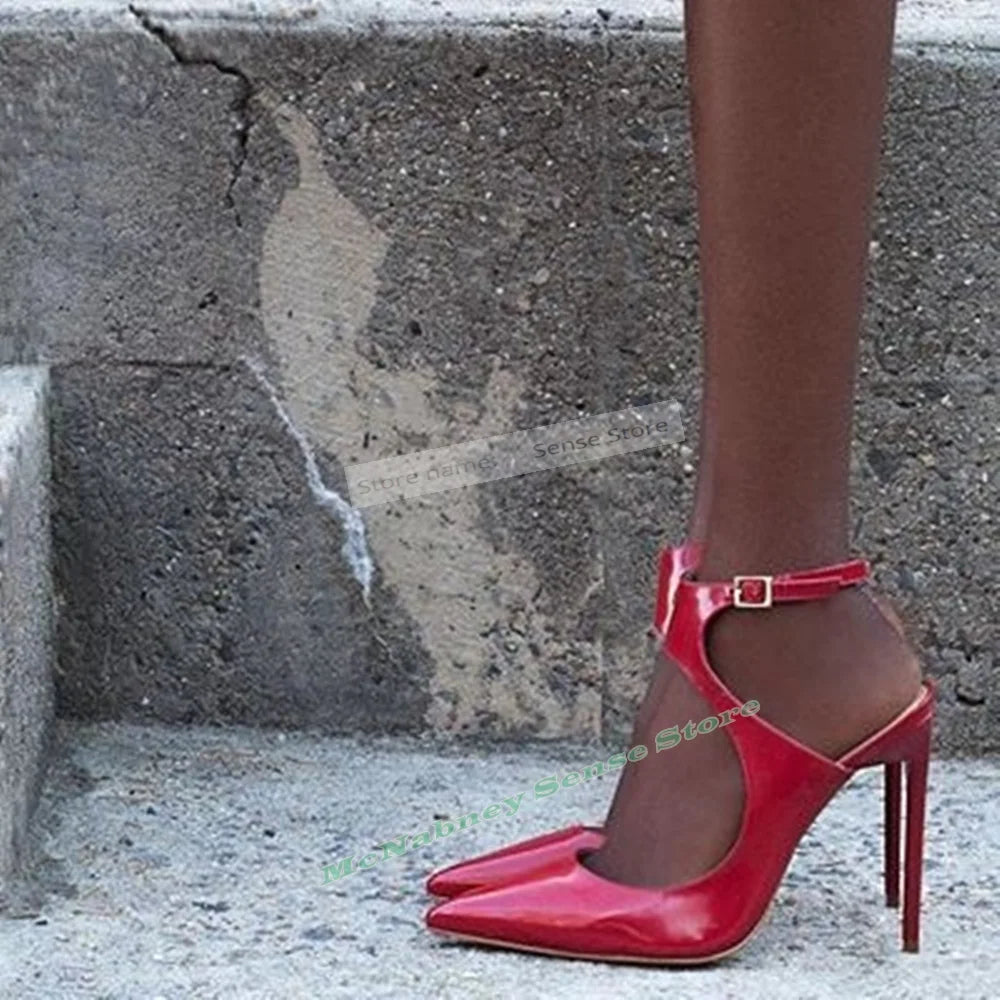 Red Pointed Toe Sandals With Buckle And Ankle Strap For Women