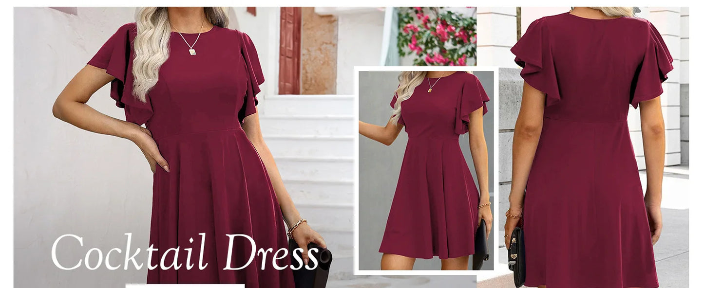 Summer 2025 Women's Dresses Elegant Vintage Ruffle Sleeve Flared A Line Swing Round-Neck Casual Party Cocktail Dress Women Cloth