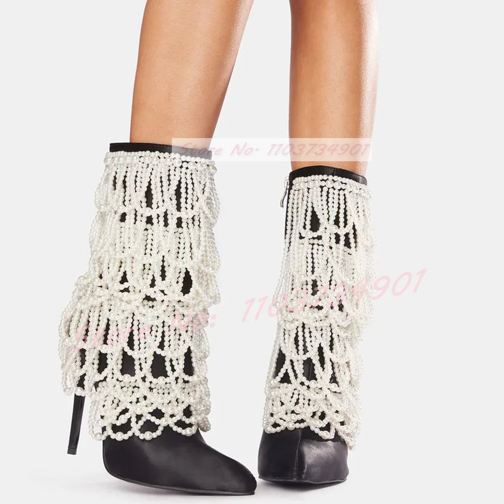 Mid Calf Pointed Toe Zip Satin Pearl Chain Black Boots for Women