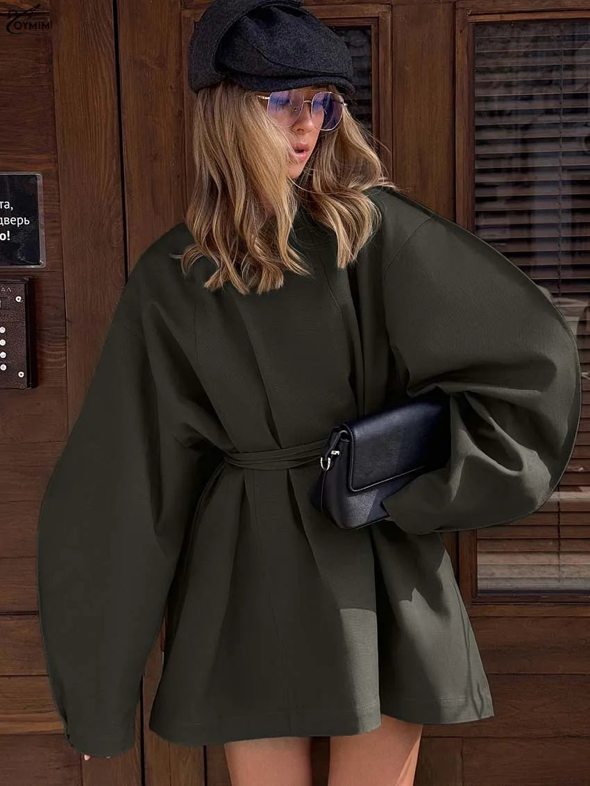 Oymimi Fashion Olive Drab Cotton Womens Dresses Casual Loose O-Neck Long Sleeve Dresses Elegant Lace-Up Mini Dress Streetwear