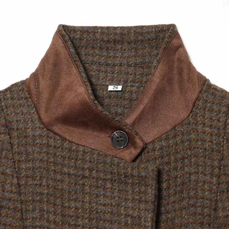 Elegant Grid Stand Collar Loose Single Breasted Woolen Coat for Women