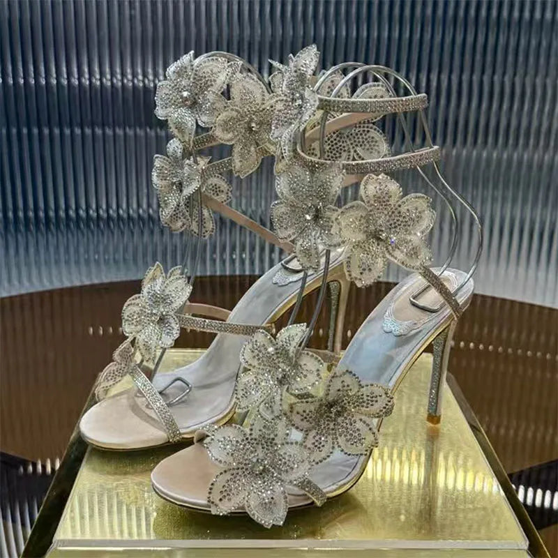 Rhinestone Flower Embellished Wedding High Heel Sandals for Women