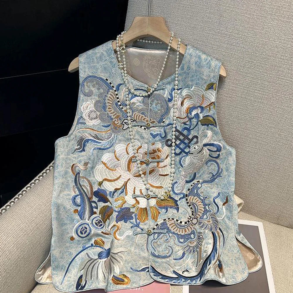 Chinese Style Embroidered Round Neck Sleeveless Vest for Women