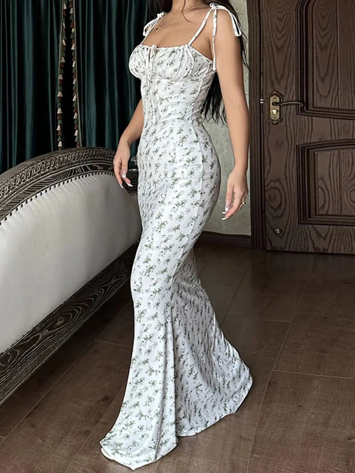 Floral Spaghetti Strap V Neck Midi Dress for Women