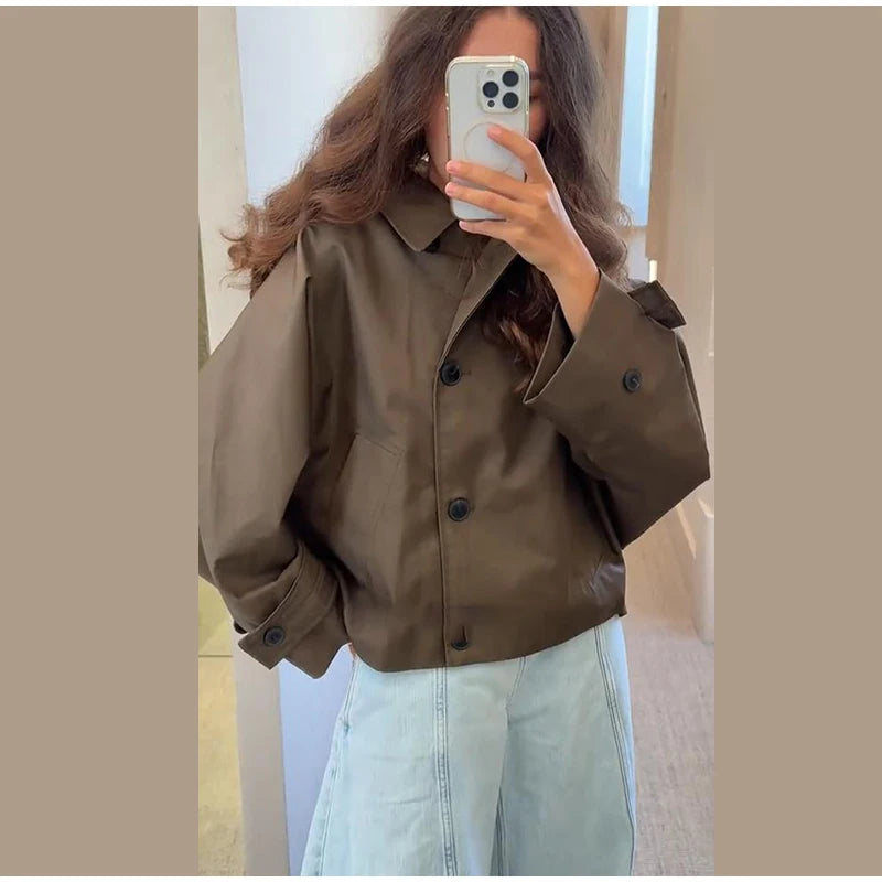 Vintage Single Breasted Women 's Treach Coats Loose Hooded Pockets Full Sleeve Short Jacket Female 2025 Autumn New Lady Outwears