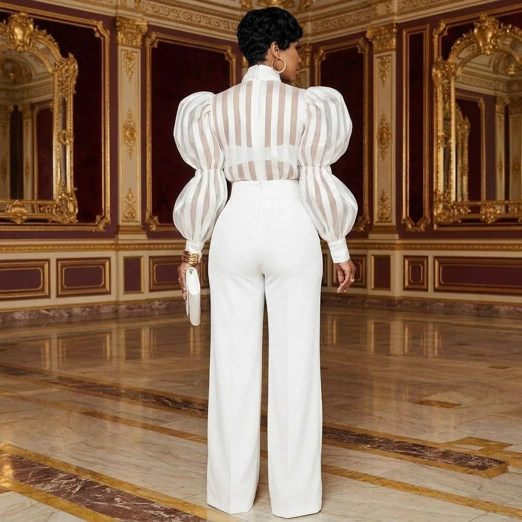 Women High Neck Bow Puff Long Sleeve Sheer Striped Shirt And High Waist Wide Leg Pants Outfit For Formal Dinner Wedding Occasion
