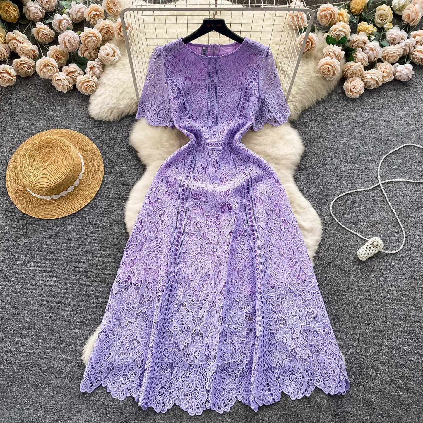 Korean Version Retro High-end Round Neck Lotus Leaf Sleeve Lace Dress for Women's 2026 Summer New Temperament Elegant Long Dress
