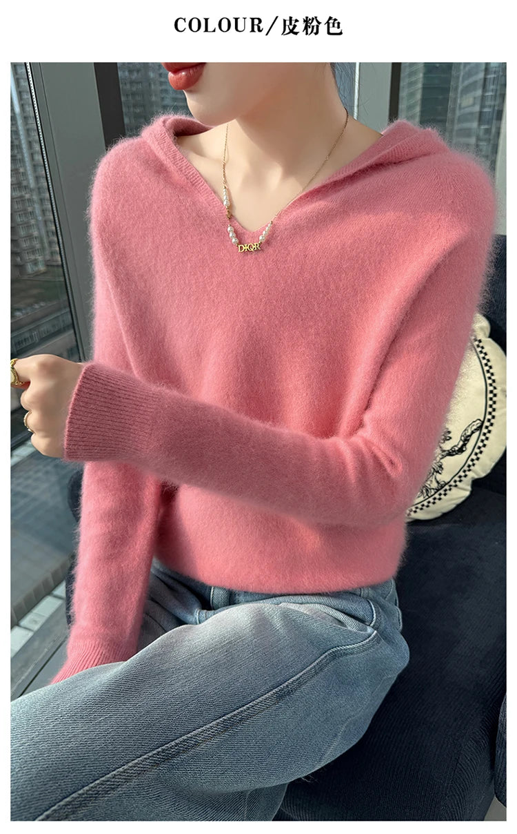 Loose Fit Thick Knit Hooded V-Neck Sweater for Women