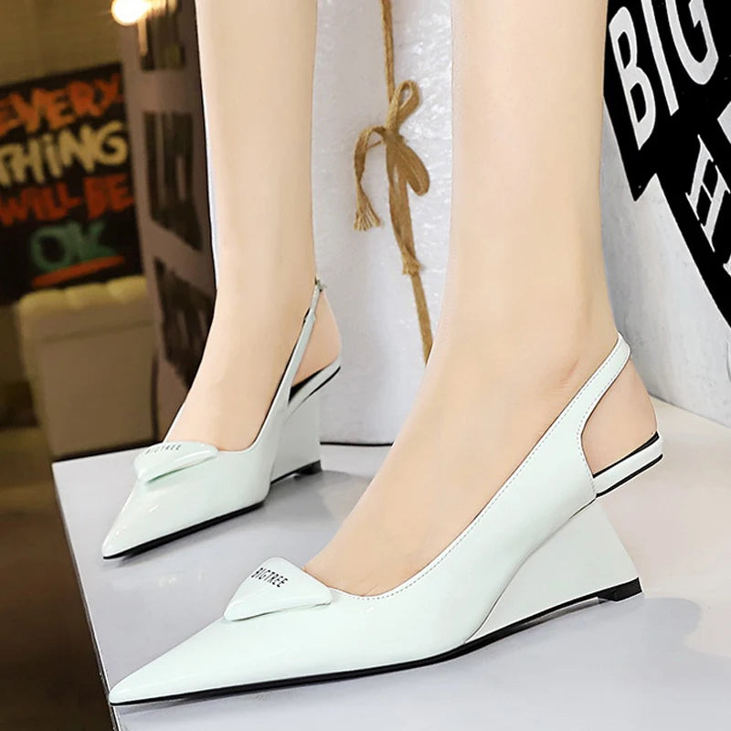 Patent Leather Wedge Heel Pumps With Back Strap for Women
