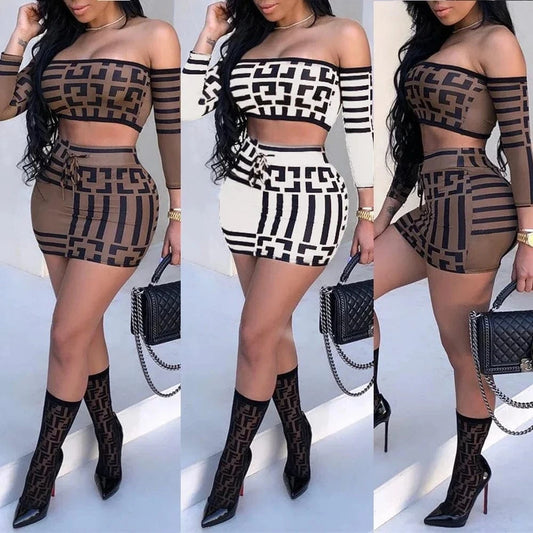 Two Piece Sexy Women's Printed Dress, Summer Long Sleeved Slim Fit One Line Collar, Elegant Party Club Party Mini Skirt Y2k Set