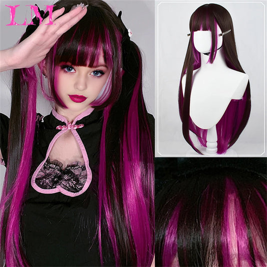Black and Rose Long Straight Synthetic Wig with Bangs for Women