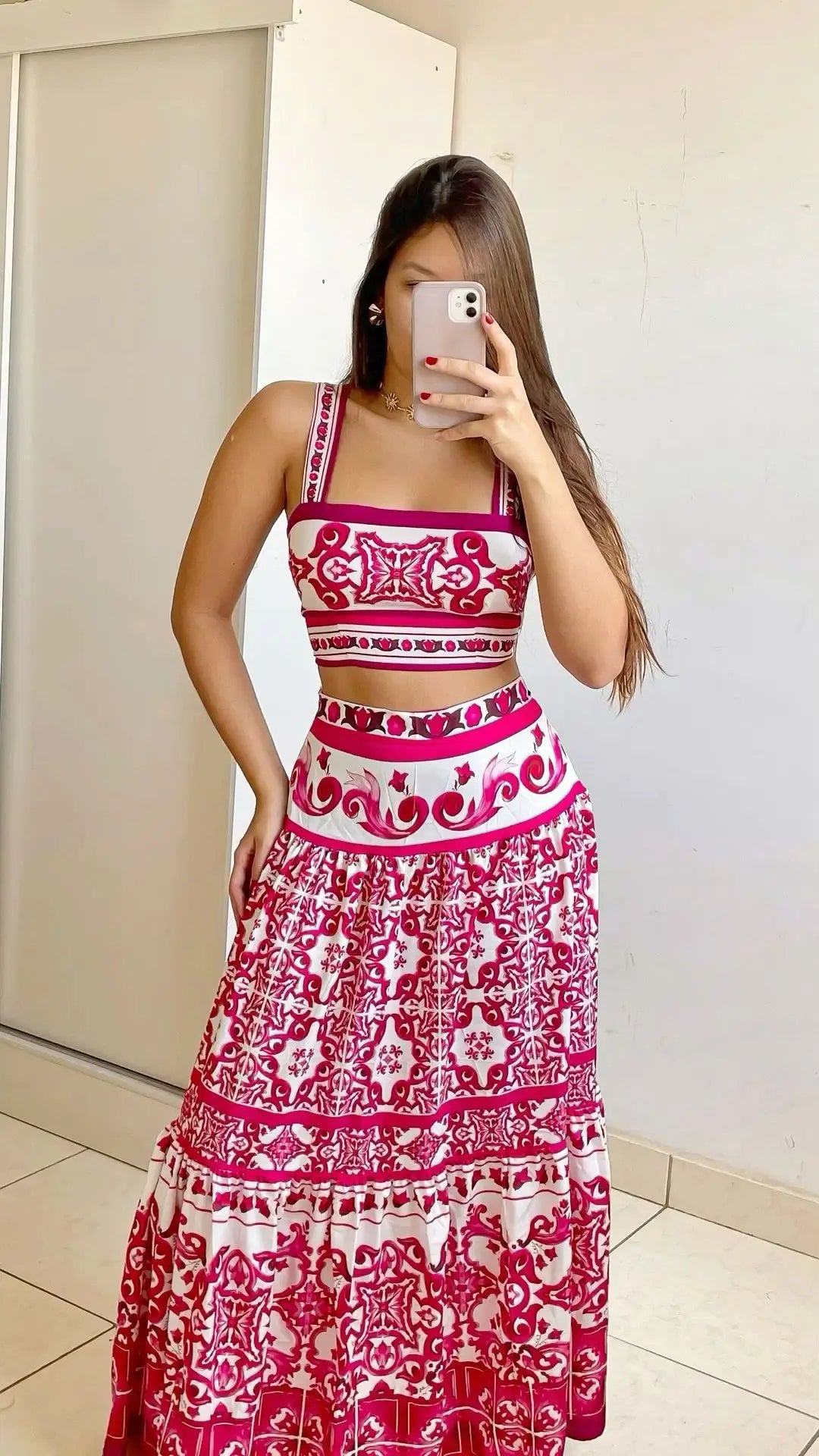 Blue and White Porcelain Print Two Piece Set for Women
