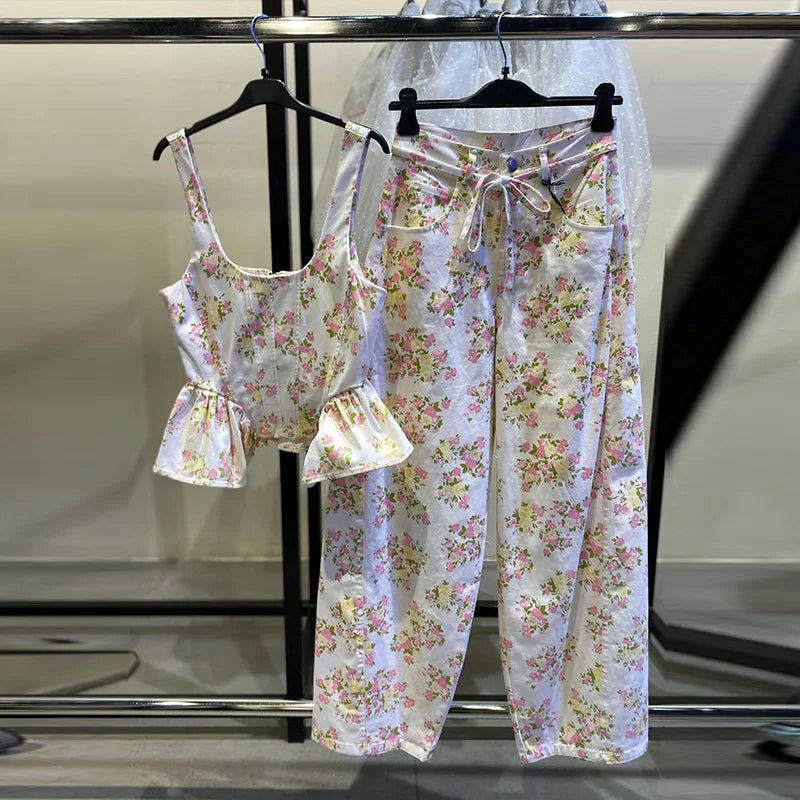 Floral Print Ruffle Wide Leg Pants Two Piece Set For Women