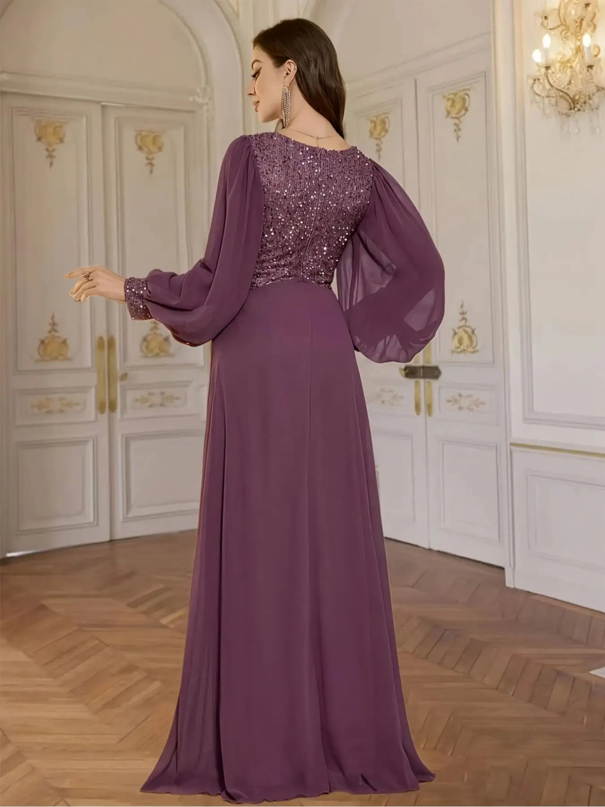 V-Neck Sequined Chiffon Evening Gown