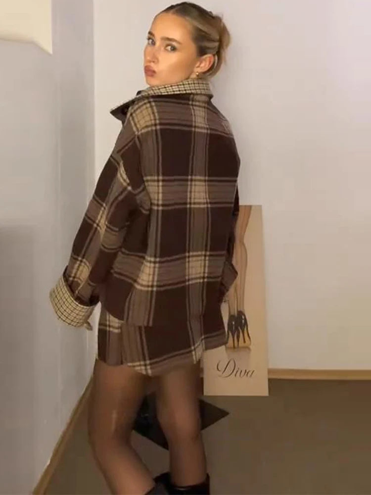 Elegant Chic Loose Fit Grid Coat and Skirt Set for Women