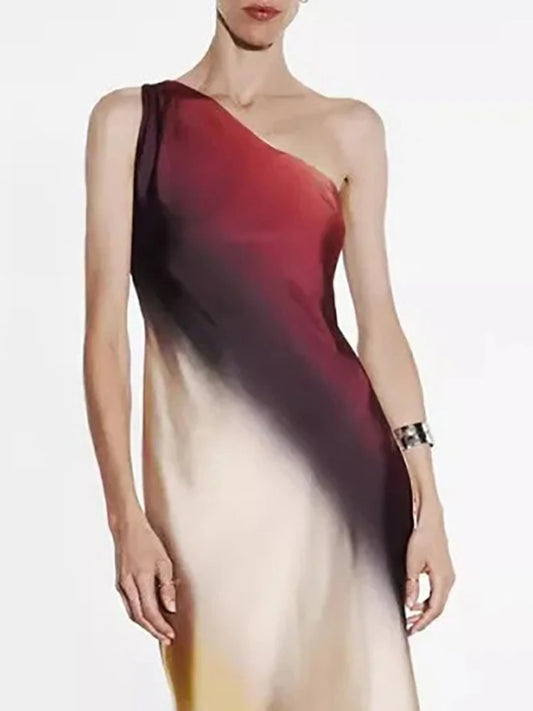 Casual Sleeveless Party Dress Fashion Asymmetrical Gradient Printed Dress Summer Women's Diagonal Collar Satin Long Dress Mujer