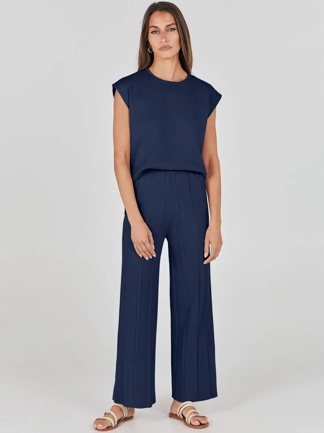 Summer Soft Knit Sleeveless Vest and Wide Leg Pants Set for Women