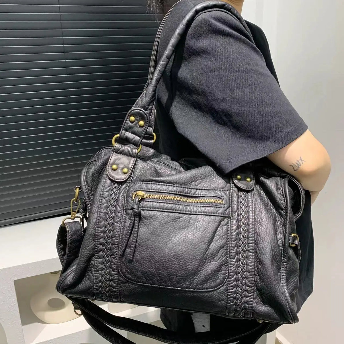Vintage Washed PU Leather Shoulder Bag