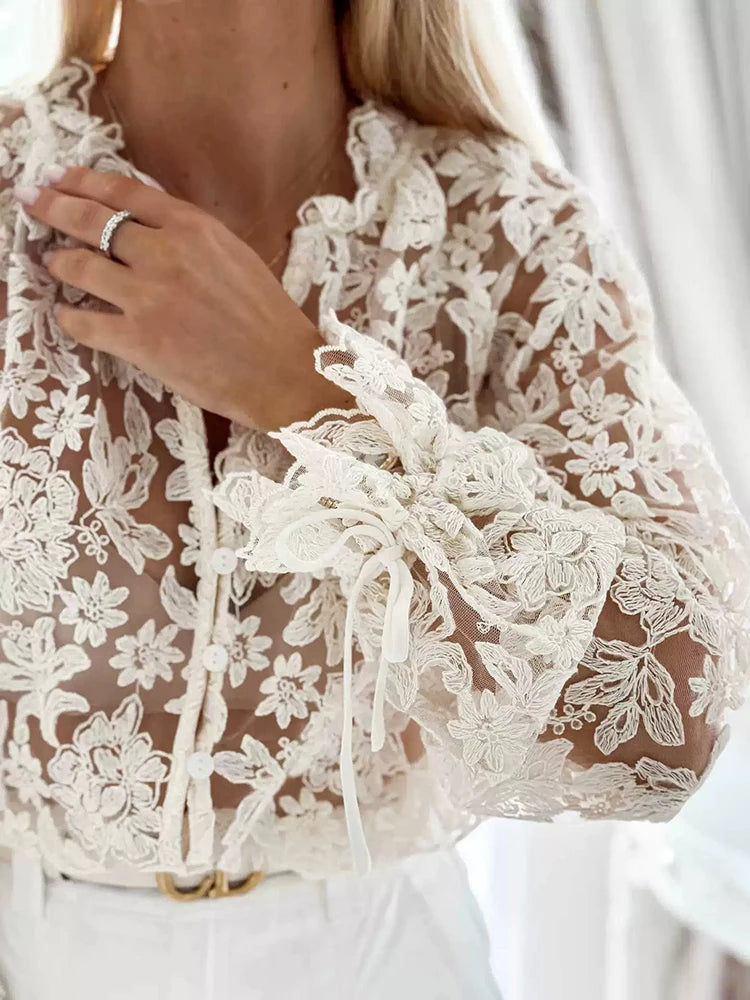 Lace Embroidered V Neck Long Sleeve Blouse for Women
