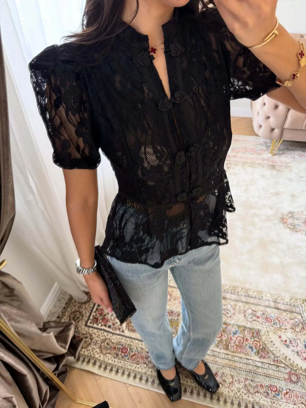 Short Sleeve Floral Lace Sheer Cheongsam Blouse for Women