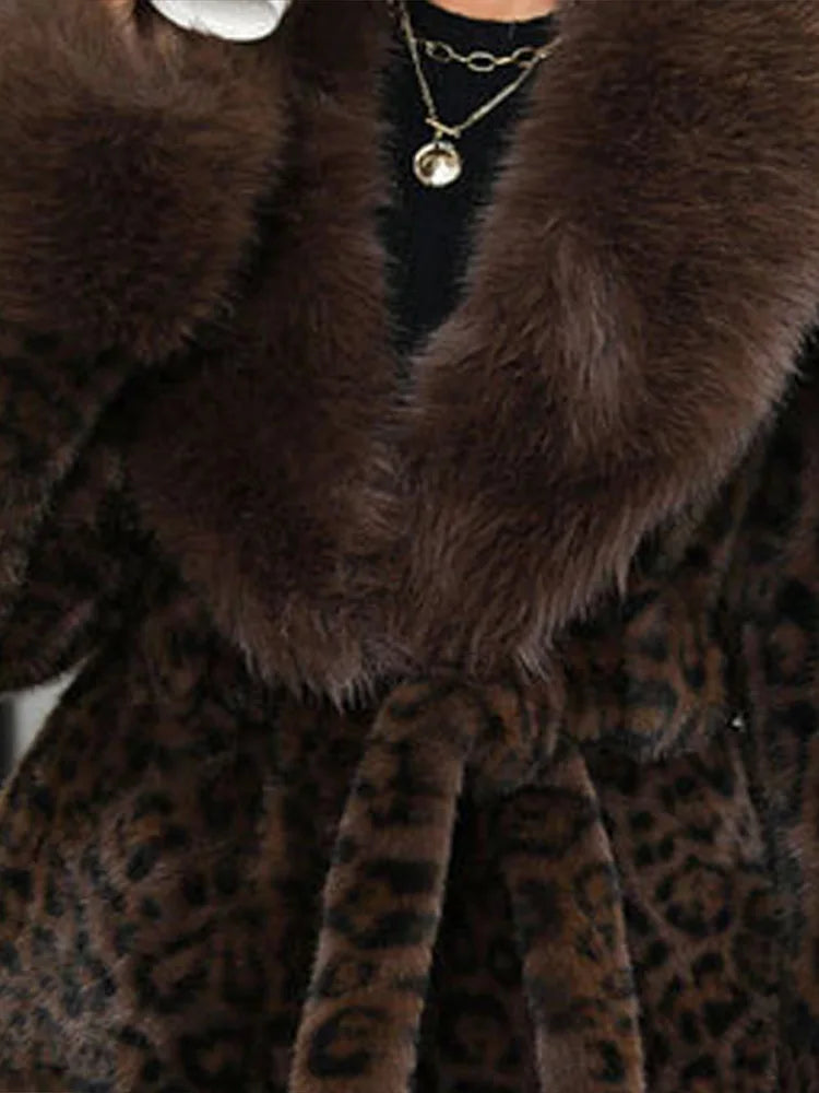 Leopard Print Faux Fur Patchwork Winter Overcoat for Women