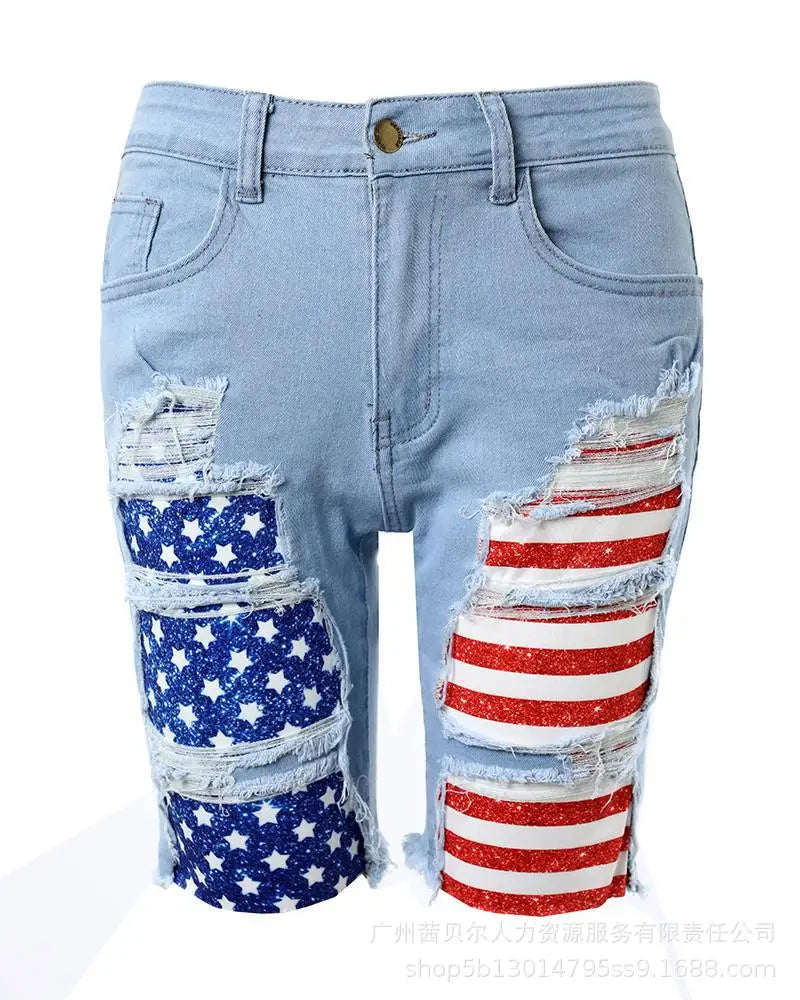 Casual Slim Knee Length Patchwork Denim Shorts for Women