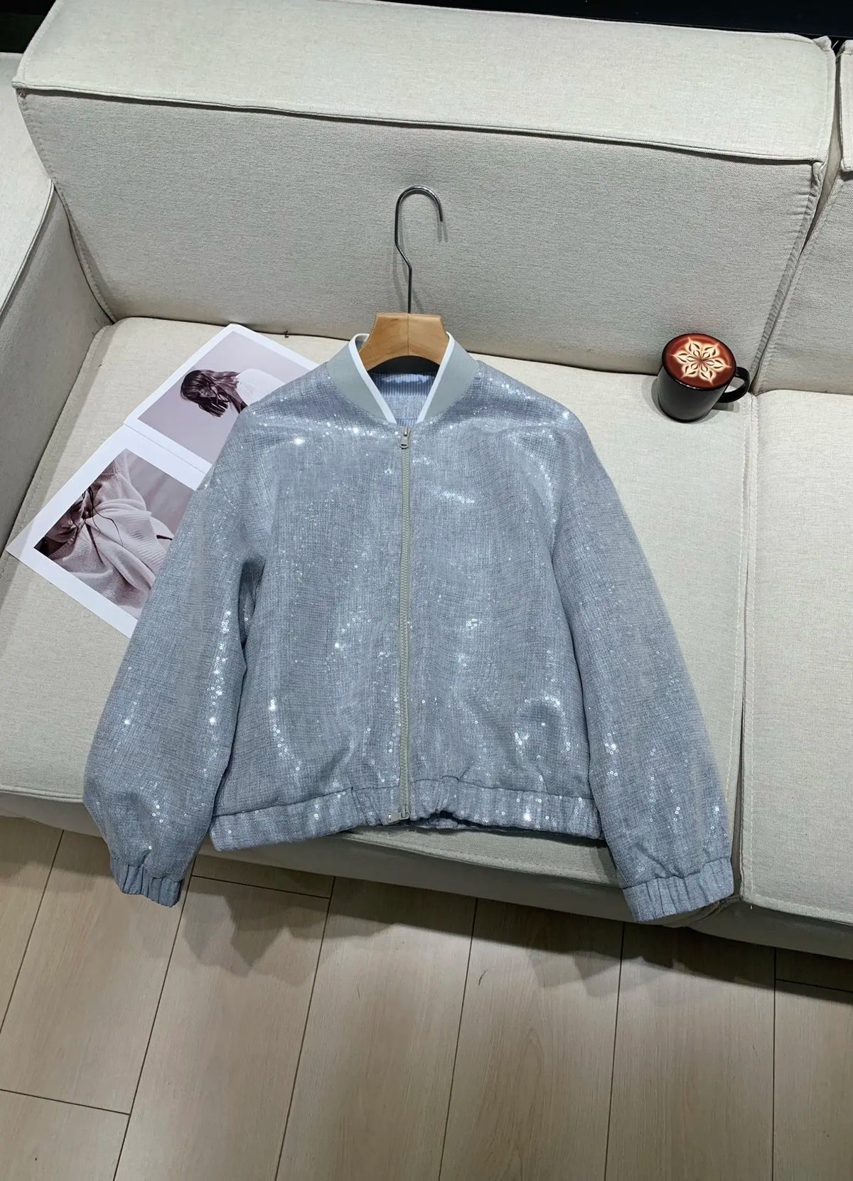 Elegant Heavy Sequin Zip Front Jacket Outerwear for Women