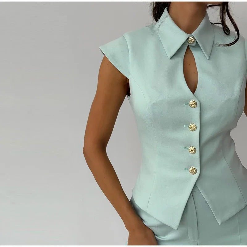 Waist Cinched Tailored Suit Set With Wide Leg Pants For Women