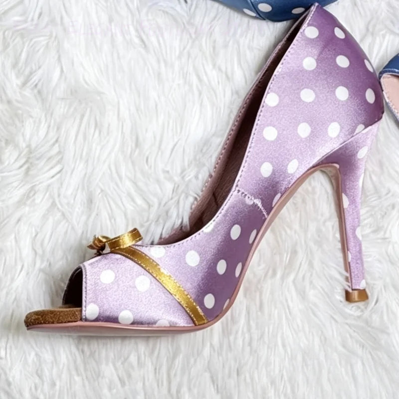 Polka Dot Peep Toe Stiletto Satin Pumps With Silk Bow Buckle For Women