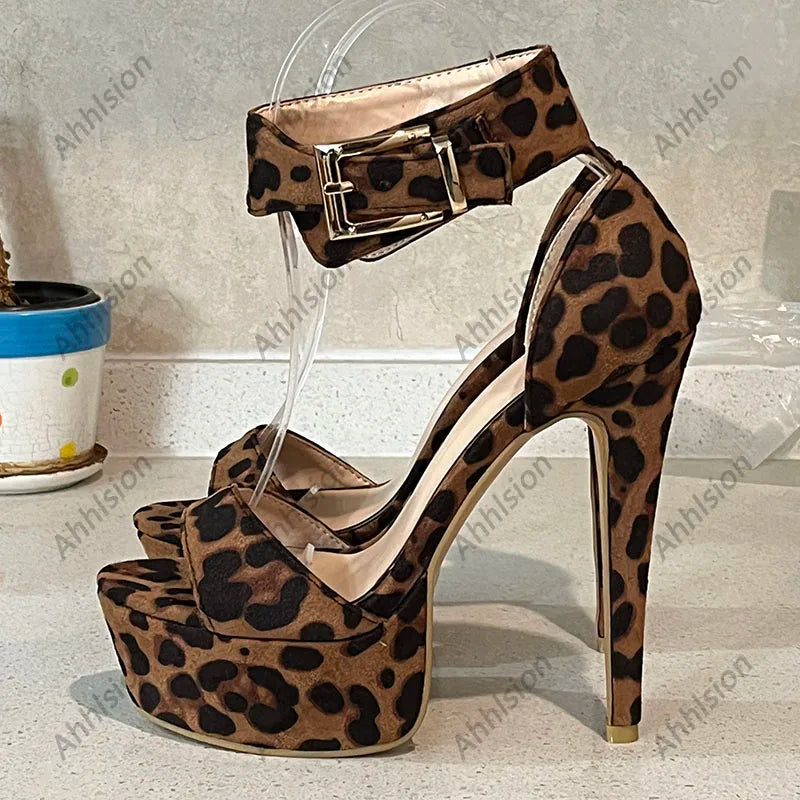 Leopard Print Suede Stiletto Sandals With Buckle For Women
