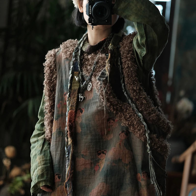 Winter Vintage Cartoon Print Knit Vest Coat for Women