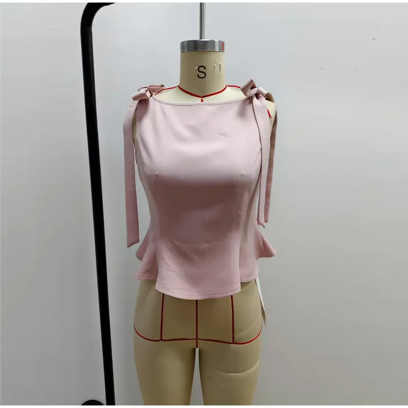 Lace Up Bow Detail Round Neck Sleeveless Top For Women