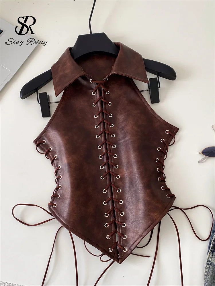 Retro Lace Up Faux Leather Sleeveless Bustier Top for Women