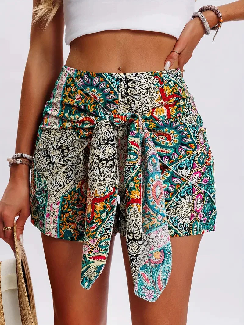 Boho Floral Print High Waist Wide Leg Shorts for Women