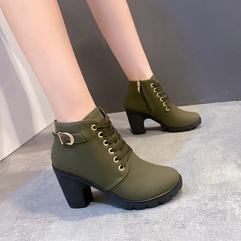 Lace-Up Platform Ankle Boots With Square Heels for Women