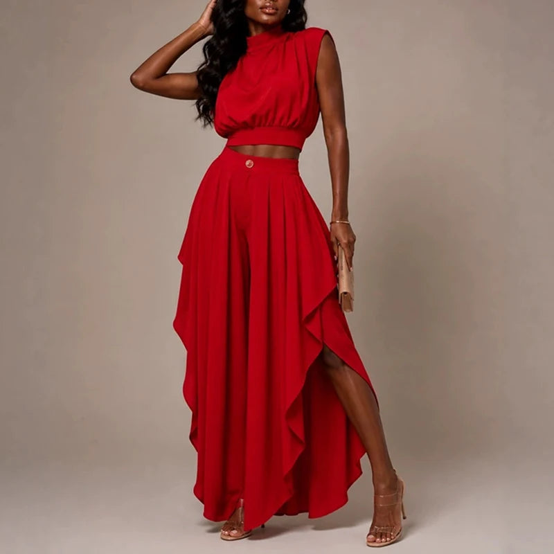 Elegant Ruffled Crop Top and Wide Leg Pants Set for Women