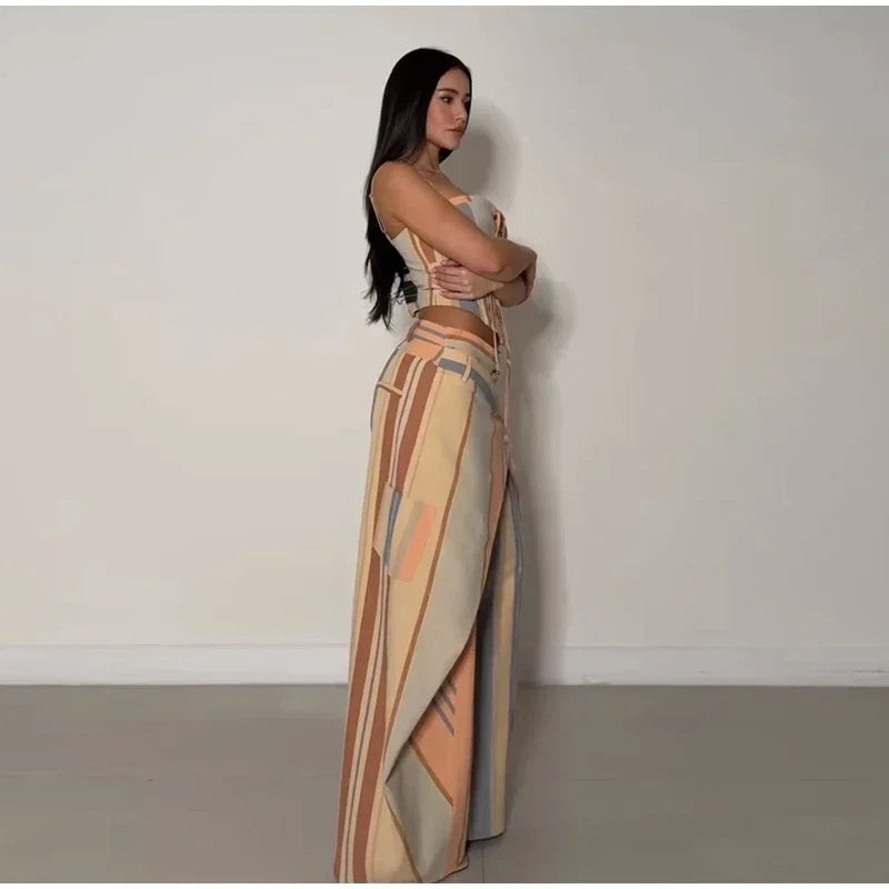 Striped Patchwork Vest and Asymmetric Trousers Set for Women