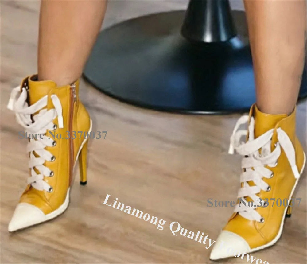 Patchwork Leather Pointed Toe Stiletto Ankle Boots for Women