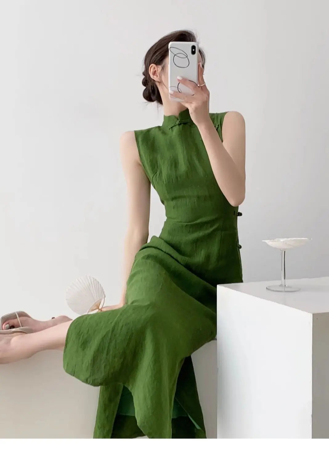 Moss Green Retro Chinese Style Cheongsam Dress for Women