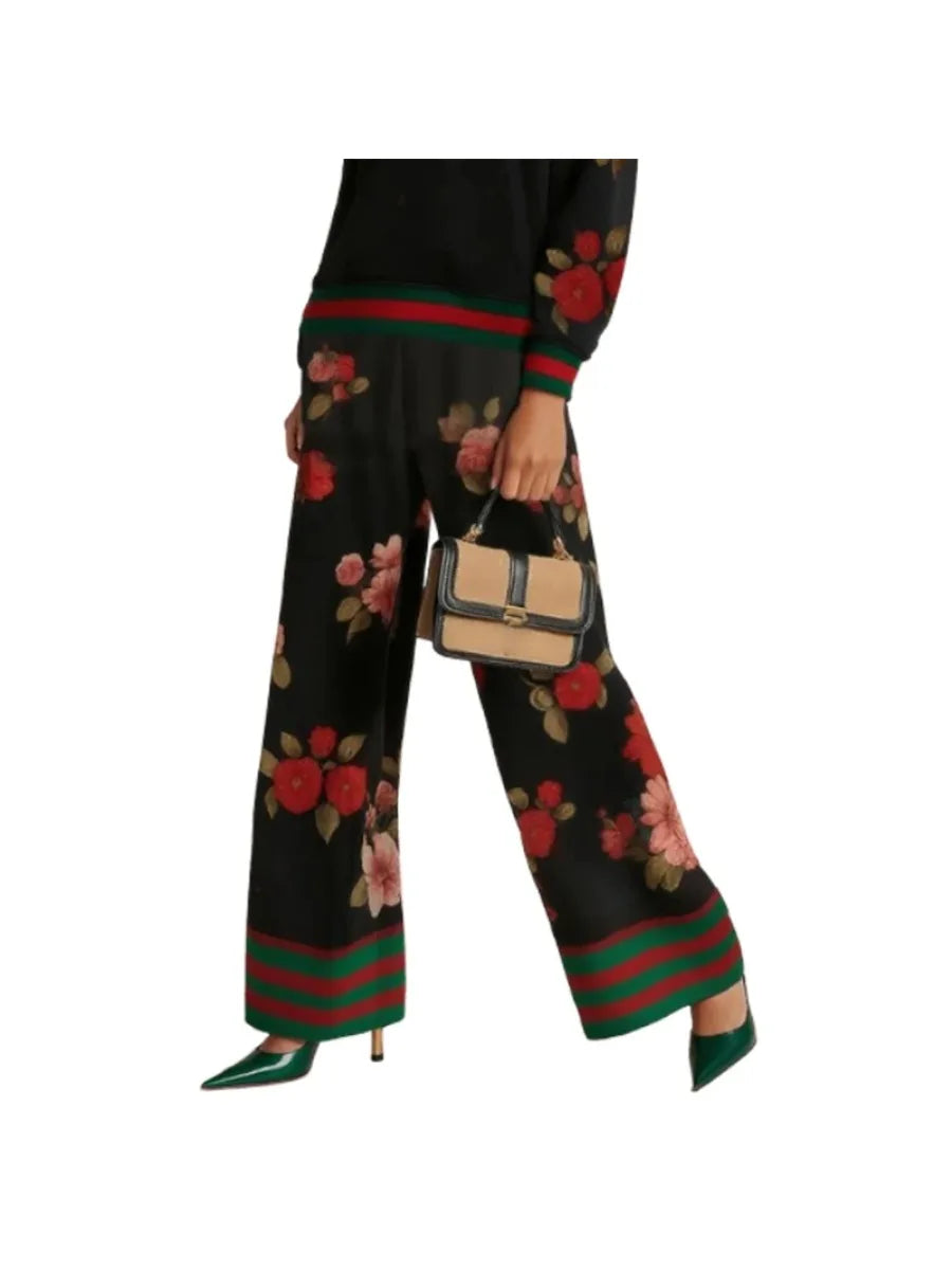 Women Elastic High Waist Wide Leg Pants 2026 New Elegant Floral Printed Contrast Color Loose Casual Office Trousers Bottoms