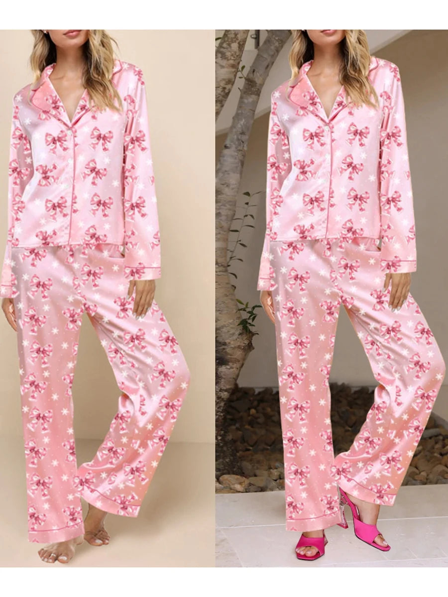 Women'S Autumn  Winter Clothing Christmas Elements Cute Bow Print Long Sleeved Shirt  Elastic Pants 2PCS Street Wear Home Wear