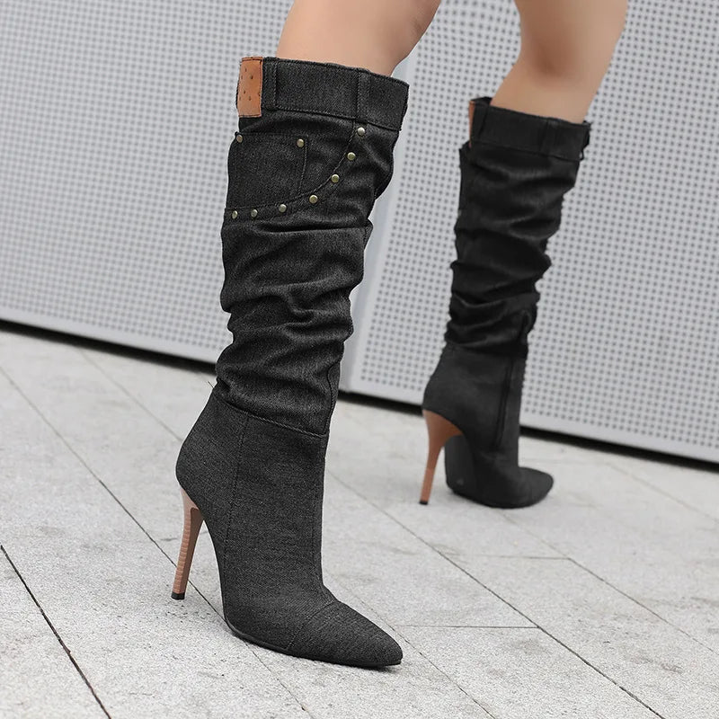 Fashion Knee High Pointed Pleated Denim Boots With Stiletto Heels For Women