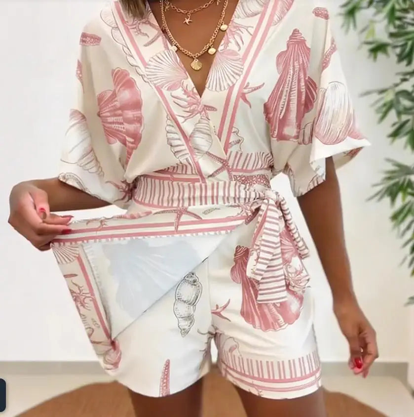 Seashell Starfish Print Wrap V Neck Short Sleeve Lace Up Romper for Women