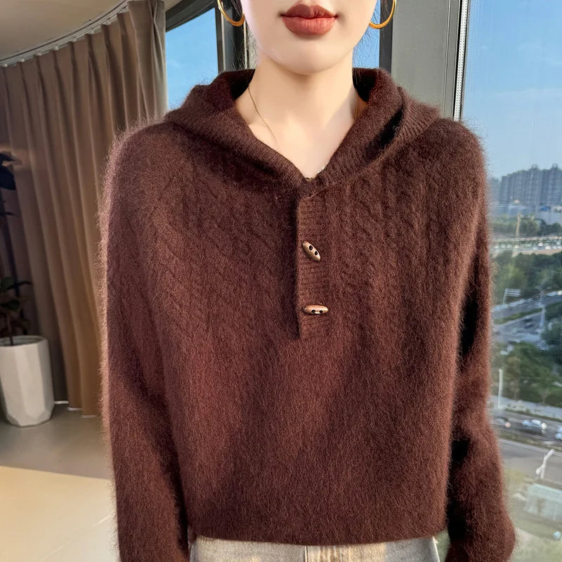 Chunky Knit Loose Hooded Pullover Sweater for Women
