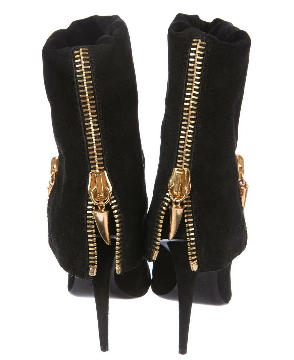 Black Suede Pointed Toe Ankle Boots With Gold Zipper For Women