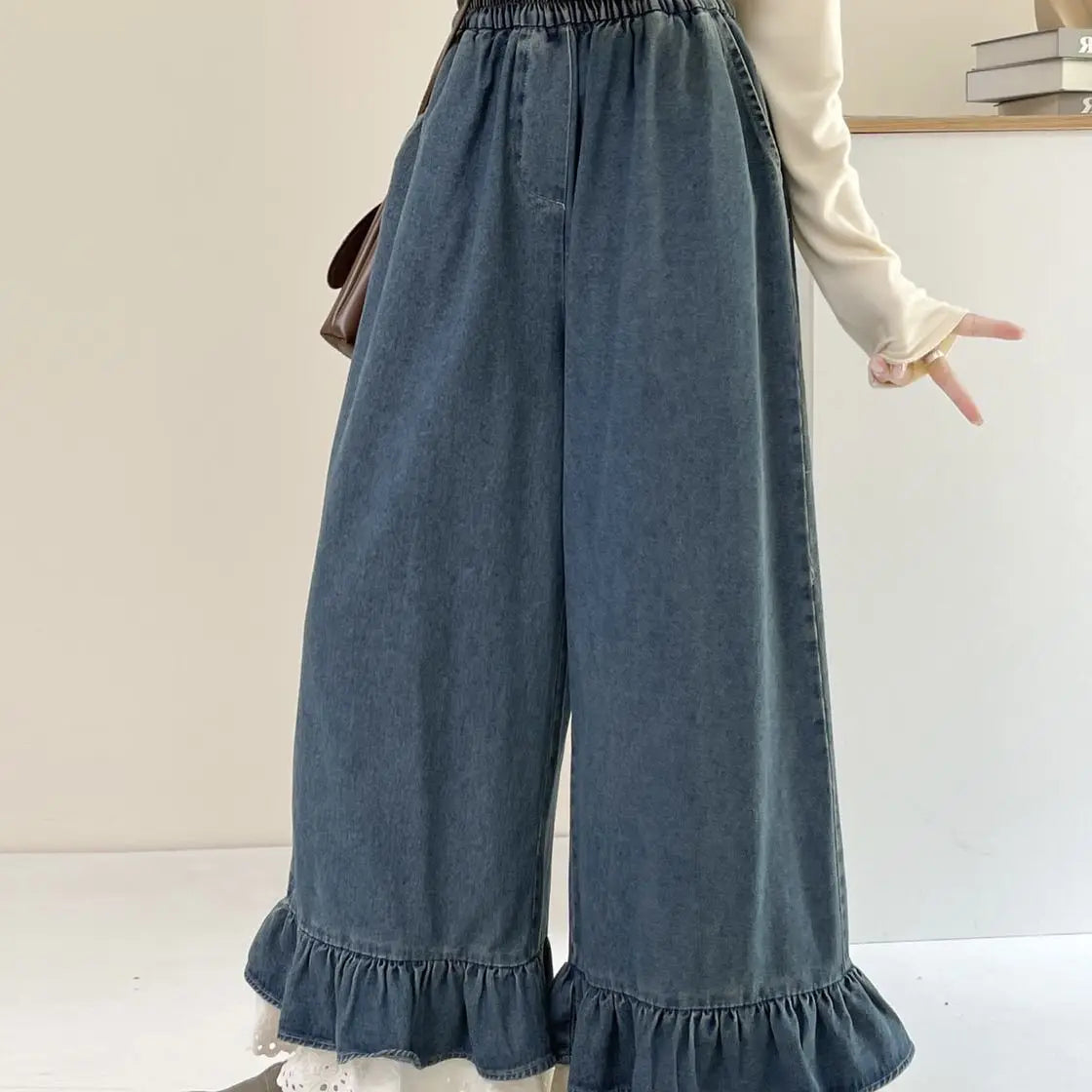 Relaxed Fit Elastic Waist Wide Leg Denim Jeans For Women