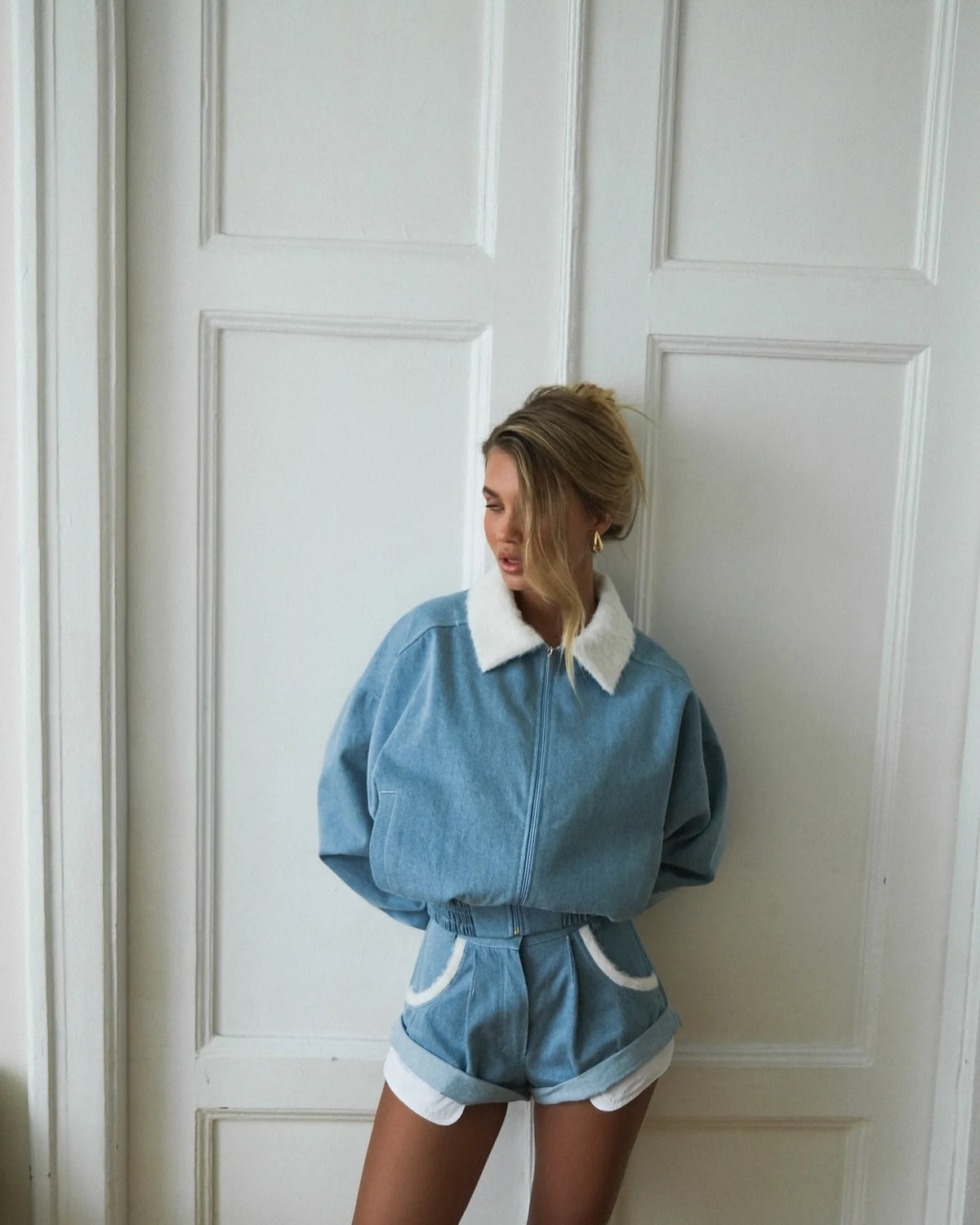 Long Sleeve Oversized Zip Jacket and Shorts Set for Women