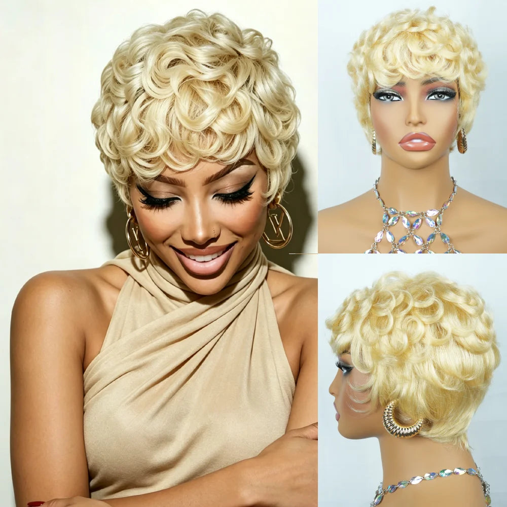 Soft Layered Pixie Cut Bob With Bangs Human Hair Wig For Women